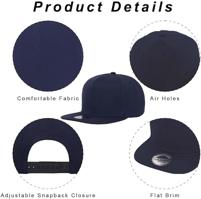 ZH Plain Flat Brim Snapback Baseball Caps Adjustable Blank Baseball Caps Wholesale 12 Pack