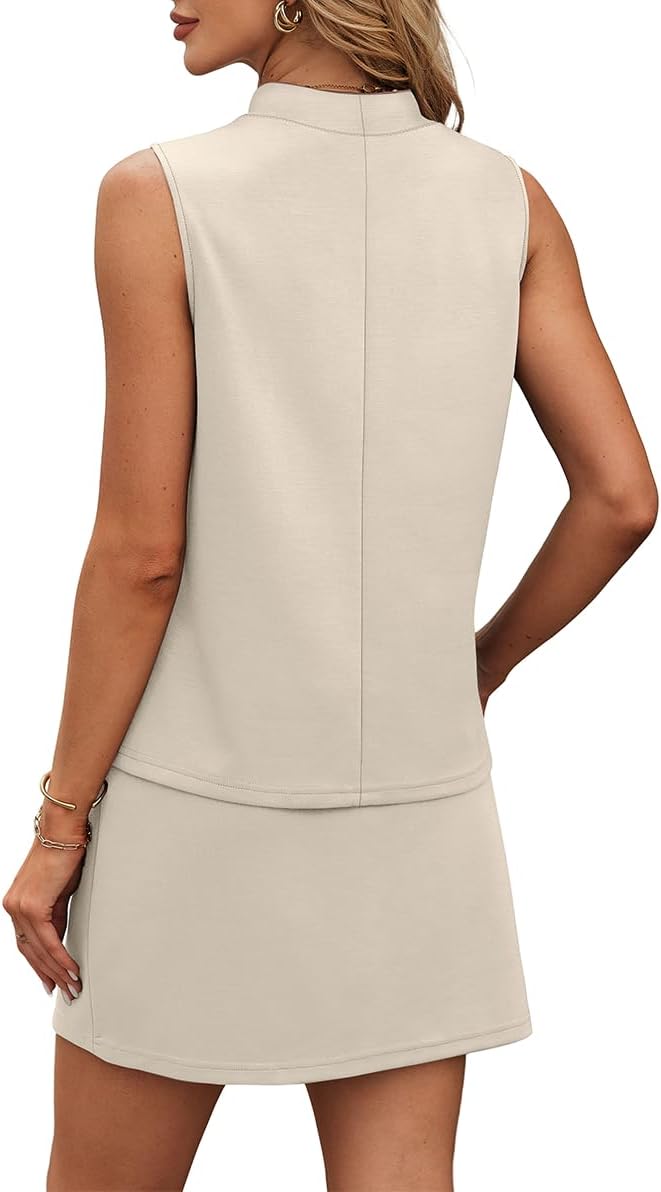 XIEERDUO Two Piece Skirt Sets for Women Summer Beach Vacation Resort Cruise Outfits Mock Neck Tops Tennis Skirt Sets