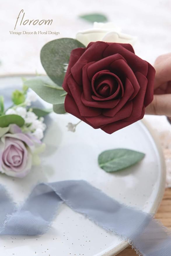Floroom Artificial Flowers 25pcs Real Looking Burgundy Foam Fake Roses - Image 4