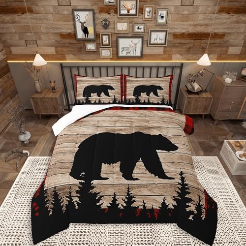 Castle Fairy Kids Bear Silhouette Twin Size Comforter Set,Wildlife Animal Trees Print Duvet Set for Kids Boys Bedroom,Red Black Plaid Retro Board Soft Microfiber Bedding Comforters,2 Pcs