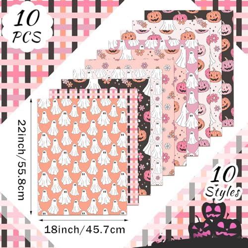 Hahafelt 10 Pcs 18"x22" Pink Halloween Fat Quarter Cute Ghost Fabric Bundle