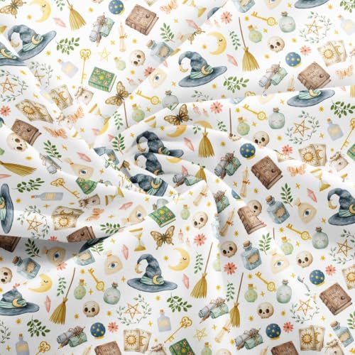 Magic Gothic Fabric by The Yard Cartoon Books Skull Butterfly Soft Polyester Sewing Fabric Sun Moon Stars Exotic No Stretch Durable Material for DIY Art Craft Making 3 Yard Bolt,108" L x 59" W