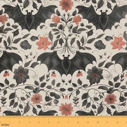 Bats Halloween Decoration Upholstery Fabric for Chairs Gothic DIY Fabric by The Yard for Craft Lovers 36"x63", Boho Vintage Floral Victorian Decor Goth Silhouette Dark Shadows Quilting Fabric