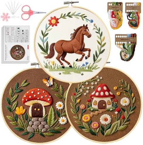 Santune 3 Pack Embroidery Kit Cross Stitch Needlepoint Kits for Beginners Adult Needle Point Sets with Mushroom & Horse Embroidery Patterns, Includes Step-By-Step Instructions & Accessories