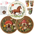 Santune 3 Pack Embroidery Kit Cross Stitch Needlepoint Kits for Beginners Adult Needle Point Sets with Mushroom & Horse Embroidery Patterns, Includes Step-By-Step Instructions & Accessories