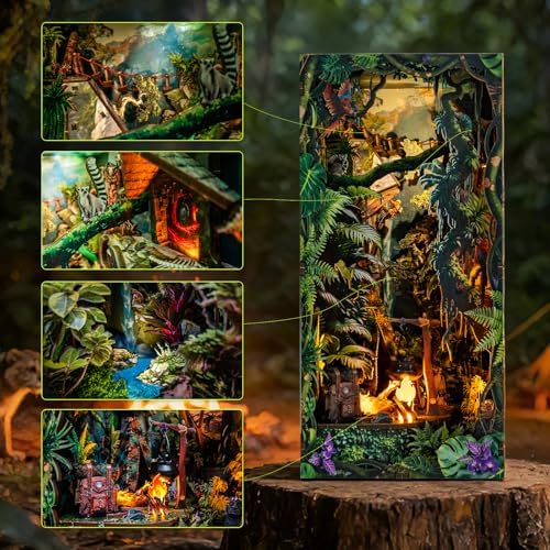 fifijoy Jungle Adventure Book Nook Kit - DIY Miniature Dollhouse Booknook for Adults, 3D Wooden Puzzle Bookend Bookshelf Decor with LED Light and Sound Effects, Creative Gift for Family, Friends