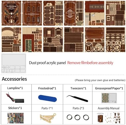 Philosophical Library Book Nook DIY Kit - 3D Wooden Bookshelf Insert with LED Lights, Vintage Study Room Decor for Adult