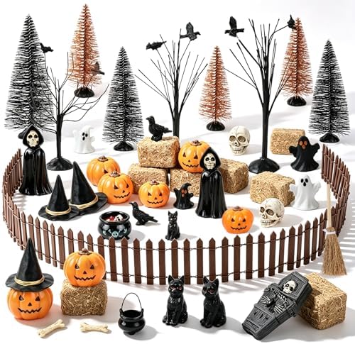 39 PCS Halloween Village Miniature Decorations Mini Halloween Figurines Tiny Resin Spooky Miniature Include Trees Tombstones Pumpkins Ghosts Witch Hats Ravens Fence for Table Haunted House Party Decor