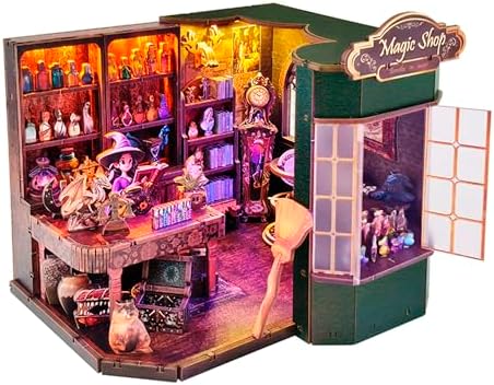Magic Shop Book Nook Kit - DIY Miniature House Dollhouse Kit for Adult and Teens, Tiny House Bookshelf Decor 3D Wooden Puzzle with LED Lighting, Gifts for Family, Friends (Magic Shop)