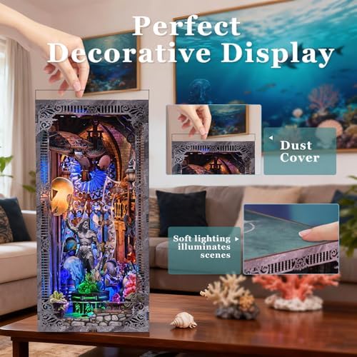 fifijoy Book Nook Kit - Atlantis DIY Miniature House Dollhouse Kit for Adults and Teens, 3D Wooden Puzzle Bookend Bookshelf Insert Decor with LED Light, Gifts for Family and Friends