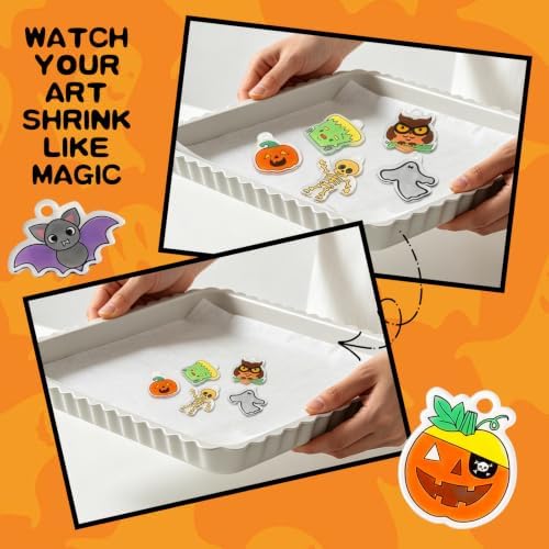 Yrinfay DIY Halloween Shrinking Plastic Art Kit - 44 Pre-Cut Shapes, 12 Markers & Accessories - Make Charms, Keychains & Tags - No-Mess Craft for Kids - Birthday Gift with Shrinking Plastic Sheets