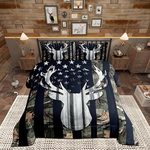 Rustic Deer Comforter Set Twin Size,Wild Animal Hunting Hunter Lodge Decor Quilt Set,Green Camo Print Stars Stripes American Flag Branch Plant Bedding for Camping RV Travel Trailer, 1 Pillowcase