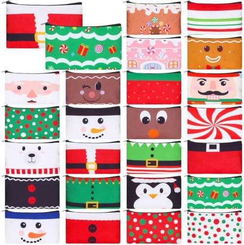 Meanplan 24 Pcs Christmas Makeup Bags Bulk Canvas Cosmetic Bag Gift