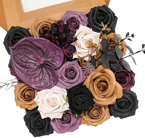 Floweroyal Halloween Artificial Flowers Black Flowers Mix Silk Flowers Fake Roses with Stems for DIY Wedding Bridal Bouquets, Baby Shower, Floral Arrangement, Table Centerpieces, Home Decorations