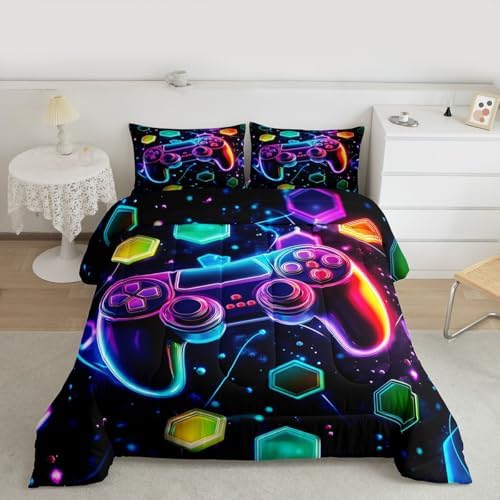 Castle Fairy Boys Gaming Reversible Comforter Set King Size,Video Games Gamepad Print Bedding Set with 2 Pillowcases,Space Galaxy Glow Neon Hexagon Duvet Set Gamer Room Decor,Polyester (Purple Blue)