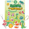 Yrinfay DIY Animals Shrinking Plastic Art Kit - 42 Pre-Cut Shapes, 12 Markers & Accessories - Make Charms, Keychains & Tags - No-Mess Craft for Kids - Birthday Gift with Shrinking Plastic Sheets