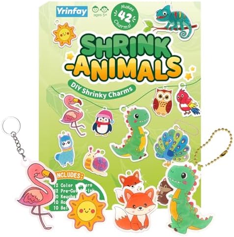 Yrinfay DIY Animals Shrinking Plastic Art Kit - 42 Pre-Cut Shapes, 12 Markers & Accessories - Make Charms, Keychains & Tags - No-Mess Craft for Kids - Birthday Gift with Shrinking Plastic Sheets