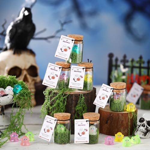 Skylety 60 Sets Halloween Ghost in a Mason Jar with Moss and Card Glow in the Dark Adopt a Ghost Figurine Luminous Creepy Crafts Spooky Crafts for Halloween Horror Decorations DIY Party Gifts