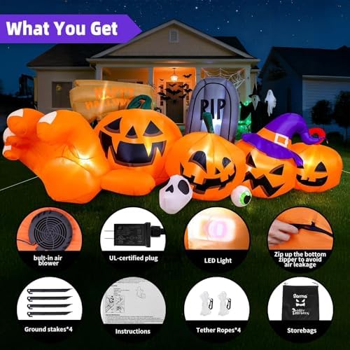 Garma 9.2 Ft Halloween Inflatables Outdoor Decorations, Long Inflatable Blow Ups Yard Decoration Pumpkin with Build-in LEDs, Gravestone and Witch Hat for Halloween Party Indoor, Lawn, Garden Decor