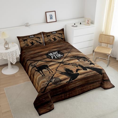 Retro Hunt Fish Bedding Comforters Queen Size,Retro Farm Wooden Board Comforter Set with 2 Pillowcases,Deer Bird Fish Animal Hunting 3pcs Children Adult Duvet Set,Soft