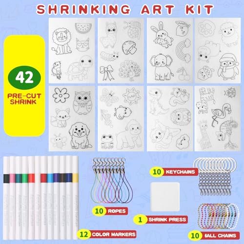 Yrinfay DIY Animals Shrinking Plastic Art Kit - 42 Pre-Cut Shapes, 12 Markers & Accessories - Make Charms, Keychains & Tags - No-Mess Craft for Kids - Birthday Gift with Shrinking Plastic Sheets