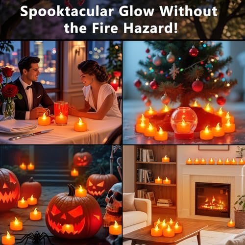 Tea Lights Battery Operated Candles LED Tea Lights Flameless Candles 200+ Hours Flickering Fake Tealights for Sweetest Day Wedding Home Decorations Party (Orange Base, 12 Pack)