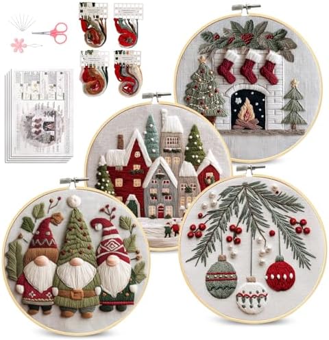 Santune Christmas Embroidery kit,Fall Needlepoint Cross Stitch Kits for Beginners Adult,Needle Point Sets,4 Embroidery,2 Hoops,Christmas Ornaments