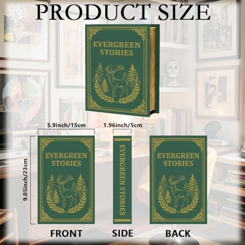 Vintage Book Trinket Box 9.1 x 5.9 x 2 Inch Faux Book Boxes Green Deer Pattern Decorative Storage Organizers for Jewelry Trinket Wedding Keepsake Photos Home Office Bookshelf Decoration