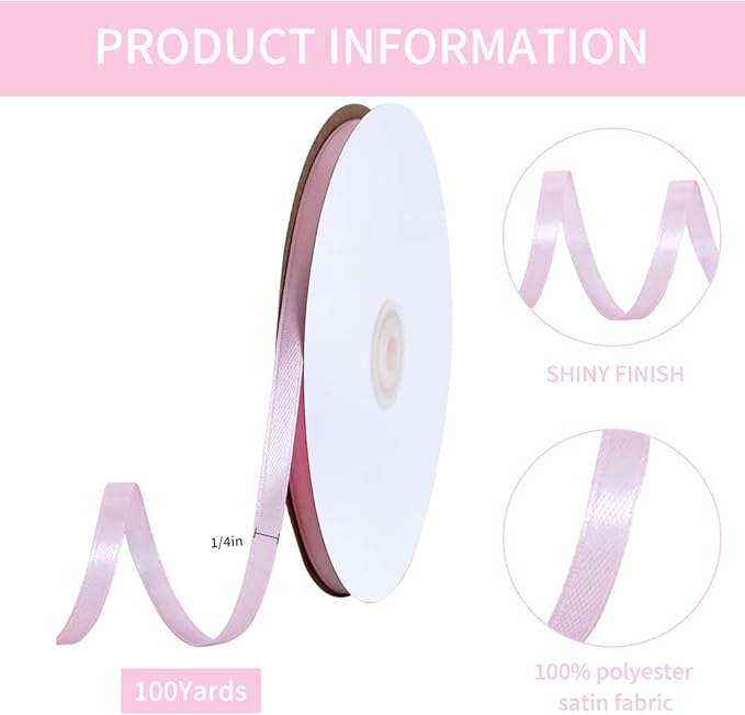 TONIFUL 1/4 Inch x 100yds Baby Pink Satin Ribbon, Thin Solid Color Satin Ribbon - Image 2