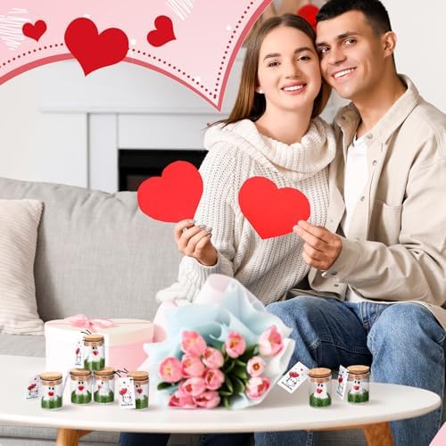 Skylety 30 Sets Valentines Day Ghost in a Mason Jar with Moss and Card Cute Red Heart Valentine Figurine Bulk Adopt a Ghost Figurine for Valentines Decorations DIY Party Gifts
