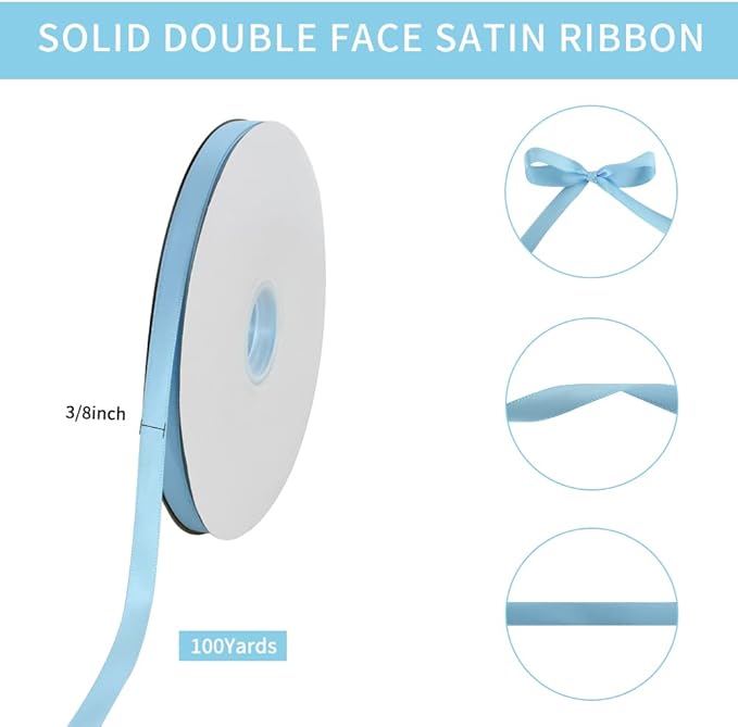 TONIFUL 3/8 Inch x 100yds Sky Blue Satin Ribbon Thin Solid Fabric Ribbons Roll - Image 2