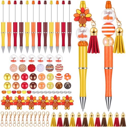 Jutom 12 Thanksgiving Bead Pens DIY Kit 50 Beads 12 Tassels Turkey Pendants