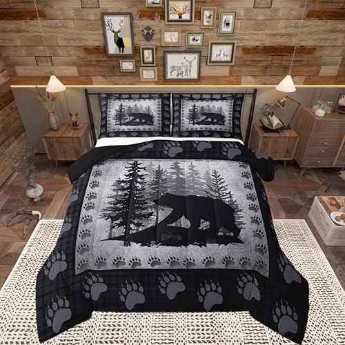 Rustic Bear Kids Comforter Set Toddler Size,Wild Animal Pine Trees Retro Bedding Set for Boys Men,Grid Plaid Hunt Cabin Decor Quilt Set Bear Paw Print Polyester Duvet Set with 1 Pillowcase, Gray
