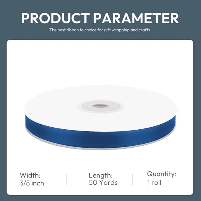 KMER LIFE 3/8" Wide x 50 Yards Navy Blue Single Faced Polyester Satin Ribbon - Image 2