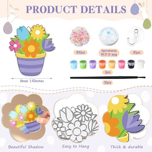 Dunzoom 30 Set Easter Craft Kit Suncatchers Kit Spring Easter Eggs DIY Suncatchers Craft Kit Make Your Own Suncatcher Paint Easter Bunny Sun Catcher Ornaments for Spring Art Craft Painting Activity