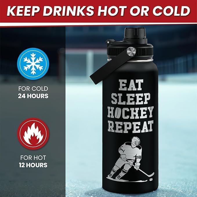 Ice Hockey Insulated Engraved Stainless Steel Water Bottle 32oz, Vacuum Chug Lid Travel Tumbler For Men Friends Hockey Lovers Fans Coaches,Birthday Christmas