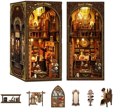 Book Nook Corner mini House Set, DIY Royal Tailor's mini Light and Shadow Book Stand Set, and 3D Wooden Puzzle Bookshelf with LED Lights for Plug-in Decoration, Suitable for Teenager.