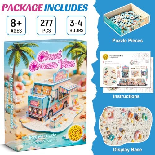 3D Puzzle for Adults, Ice Cream Van Miniature Model Kit with 277 Pieces, DIY Building Craft Kit, Colorful Summer Beach Decoration Display, Home Decor Gift for Teens Family & Friends