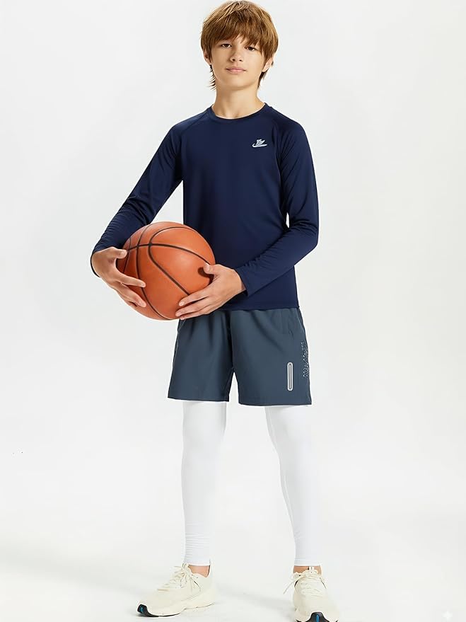 DEVOROPA Youth Boys Compression Shirt Long/Short Sleeve Football Baseball Undershirt Quick Dry Kids Sports Baselayer Crewneck
