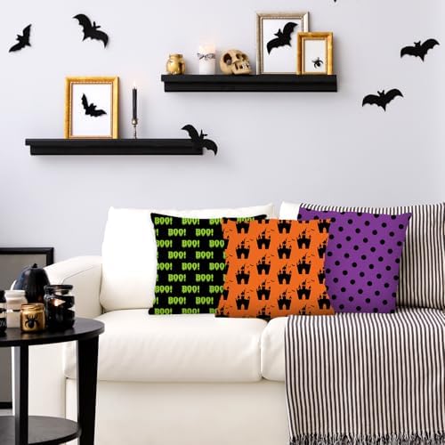 JarThenaAMCS 60Pcs Halloween Fabric Squares Pumpkin Black Cat Ghost Witch Cotton Fabric Bundles Small Green Purple Black Orange Sewing Fabrics for DIY Sewing Craft Decor
