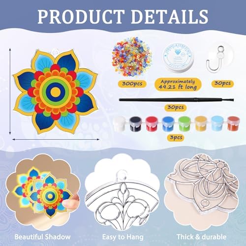 Dunzoom 30 Set Mandala Suncatchers Kits Mandala Flower DIY Suncatchers Craft Kits Make Your Own Paint Ornaments for Art Craft Summer Sun Catchers Party Supplies