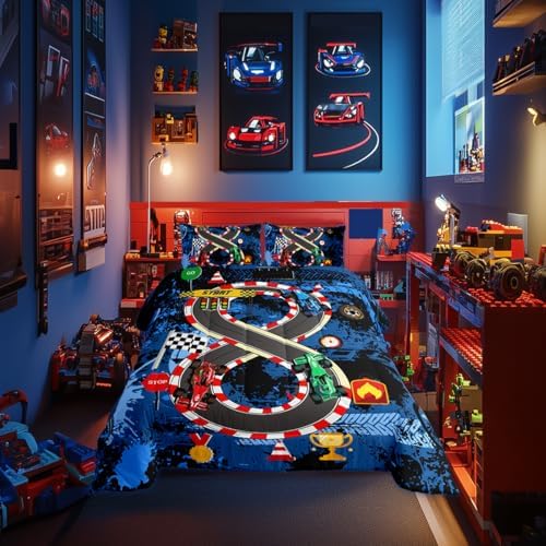Full Size Comforter Sets for Boys Kids,Racing Car Bedding Comforter Sets,Cars Bedding for Teens Men,Cars Lover Bedding,Cool Race Cars Quilt Bed Set with 1 Comforter 2 Pillowcases(Blue Red)