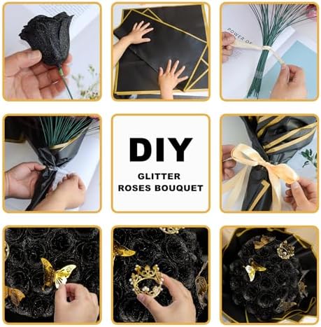 DIY Glitter Roses Bouquet Kit Black - 16 Fake Shiny Flowers with Stems Butterfly Crown Eternal Floral for Graduation Handmade Wedding Bouquet Anniversary Birthday Gift, for Her