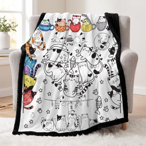 DIY Coloring Blanket for Kids, Cute Cat Doodle Fleece Throw Blanket with 24 Color Pens, Color Your Art Craft Kit, Plush Velvet Backing Gift for Girls Boys (Cats)