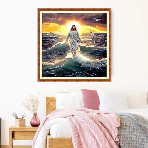 Joyhoor Stamped Cross Stitch Kits for Beginners Needlepoint Kits for Adults Embroidery Kits 11CT Counted Cross Stitch Kits Printed Embroidery Pattern-Sunrise Over Sea with Jesus 18x18 inch