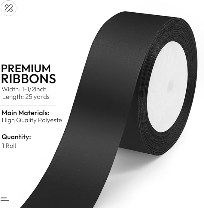 KMER LIFE Solid Color Black Satin Ribbon, 1-1/2 Inches x 25 Yards Fabric Satin - Image 2