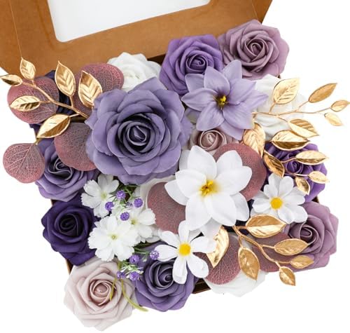 Floweroyal Artificial Flowers Combo Purple Flowers Mix Silk Flowers Fake Roses with Stems for DIY Wedding Bridal Bouquets, Baby Shower, Floral Arrangement, Table Centerpieces, Home Decorations