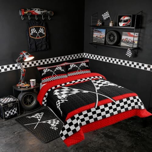 Castle Fairy Race Car Themed Comforter Set Queen Size,Black White Checkered Flag Print Bedding Set for Women Adult,Red Stripes Geometric Grid Plaid Luxury Bed Duvet Insert, 2 Pillowcases