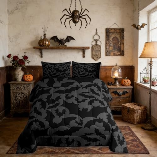 Castle Fairy Halloween Themed Comforter Set King Size,Black Bats Animal Print Bedding Set All Season Quilt Set,Dark Grey Color Microfiber Polyester Down Comforter