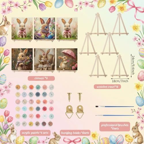 YooNotee 6 Pack Easter Paint by Numbers Kit Canvas with Wooden Easels & Brushes, 8 x 8 inches Easter Canvas Set for Adults Easy Acrylic Paint Kit Beginner for Rabbit Home Decor